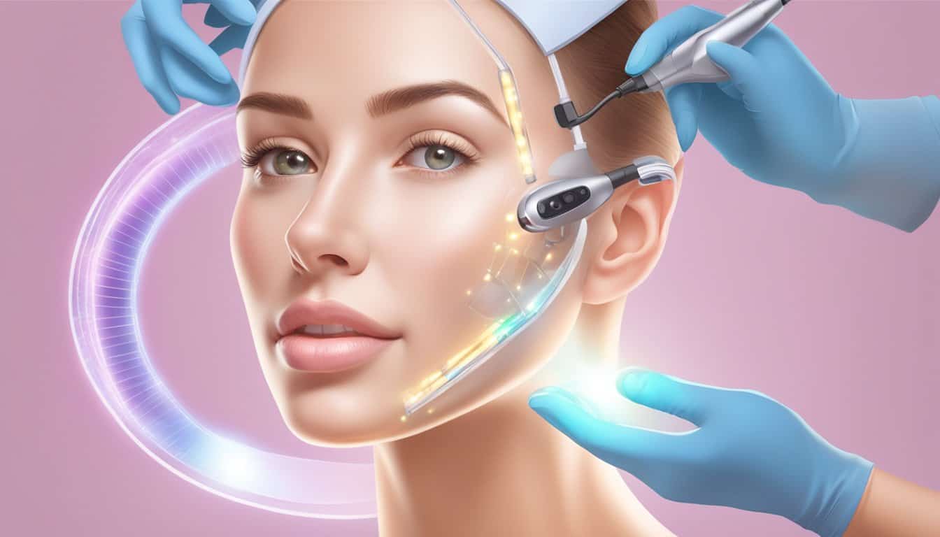 Una ilustración hiperrealista de un tratamiento de piel con tecnología LED, mostrando a una mujer recibiendo terapia de luz a través de un dispositivo facial LED. Dos manos enguantadas sostienen el dispositivo alrededor del contorno de su cara, destacando la zona de las mejillas y la mandíbula con luces brillantes, simbolizando un procedimiento cosmético avanzado en un fondo rosa suave.