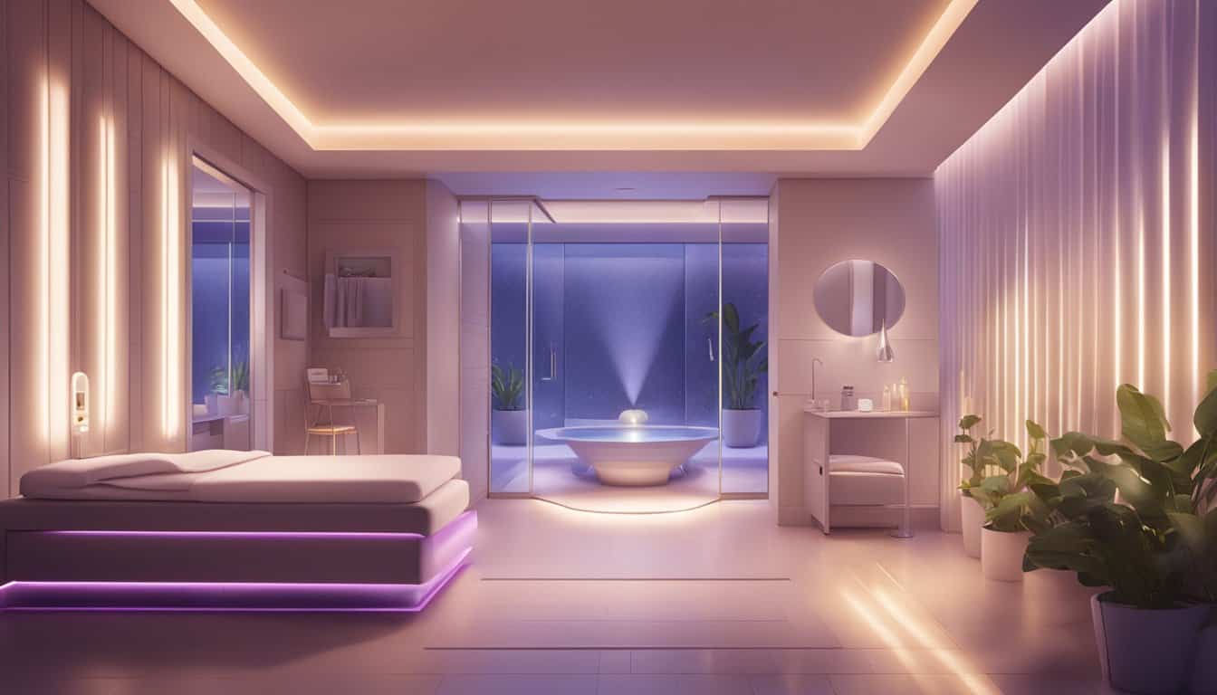 habitación ambientada con luces led en ambiente rosado.