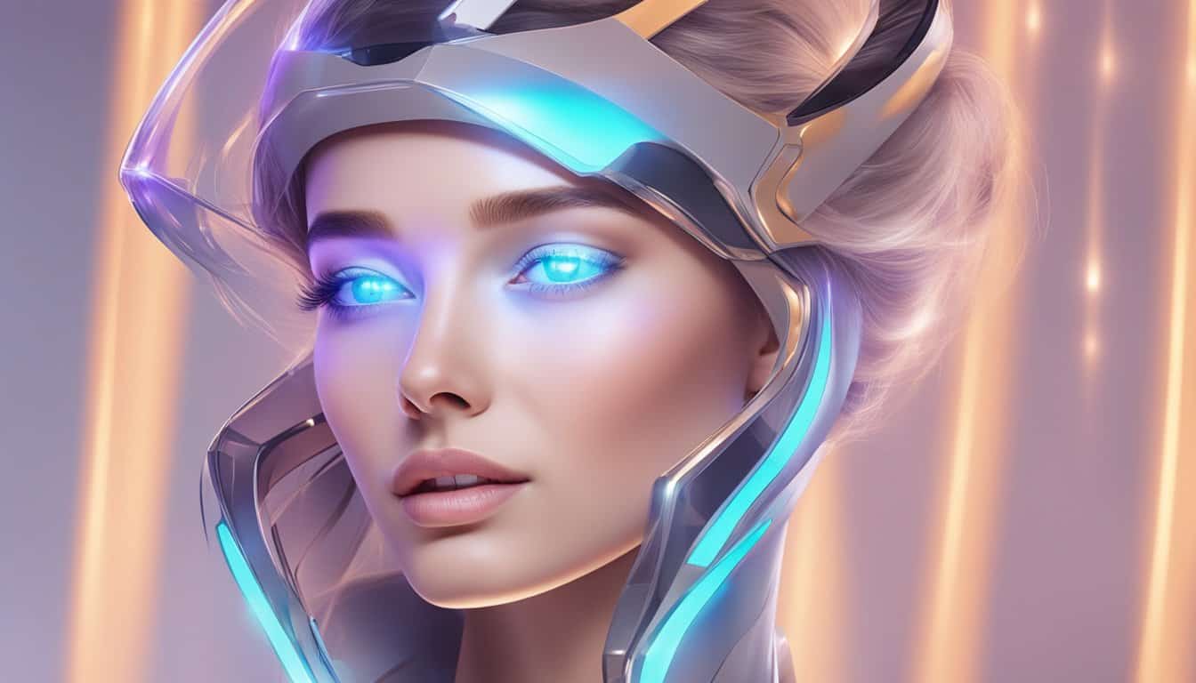 Mujer utilizando un dispositivo de luz led, en la cabeza con aspecto tecnológico