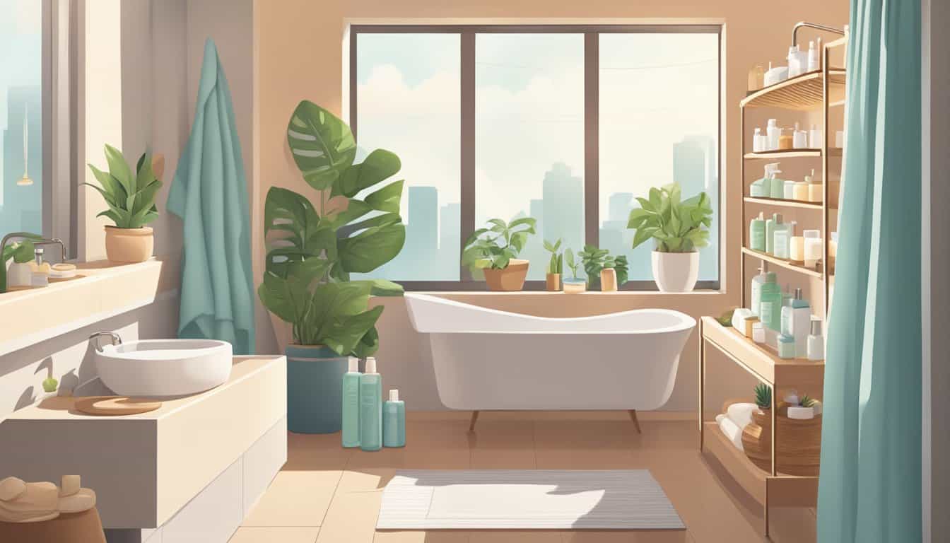 nterior de baño moderno con amplia ventana con vistas al perfil urbano, incluyendo una bañera independiente, un tocador con lavabo redondo, plantas verdes en macetas y estantes llenos de botellas de productos de tocador en tonos azul verdoso y blanco.