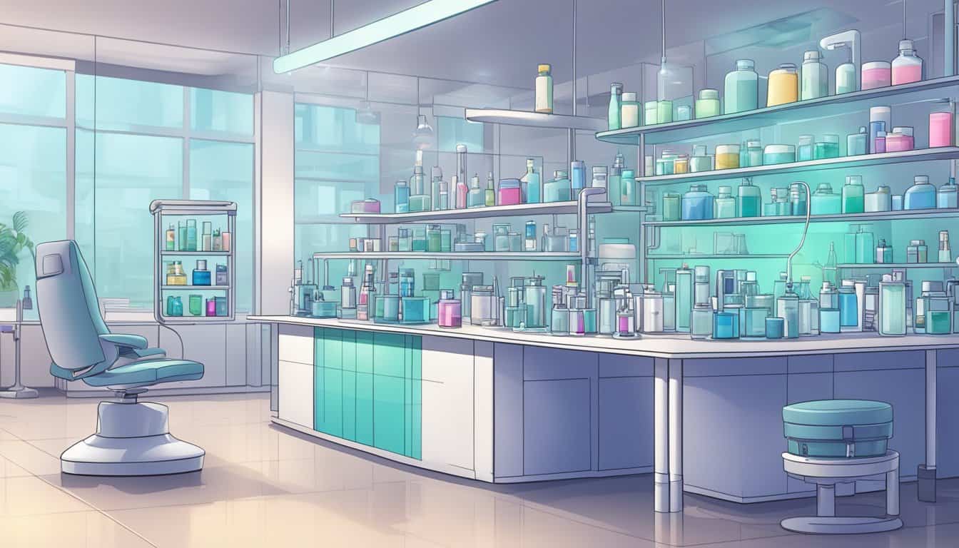 Salón de belleza moderno con estantes de vidrio llenos de frascos y botellas de productos de cuidado capilar y estilizado, una silla de peluquería azul al frente y una vista de grandes ventanas que iluminan el espacio.