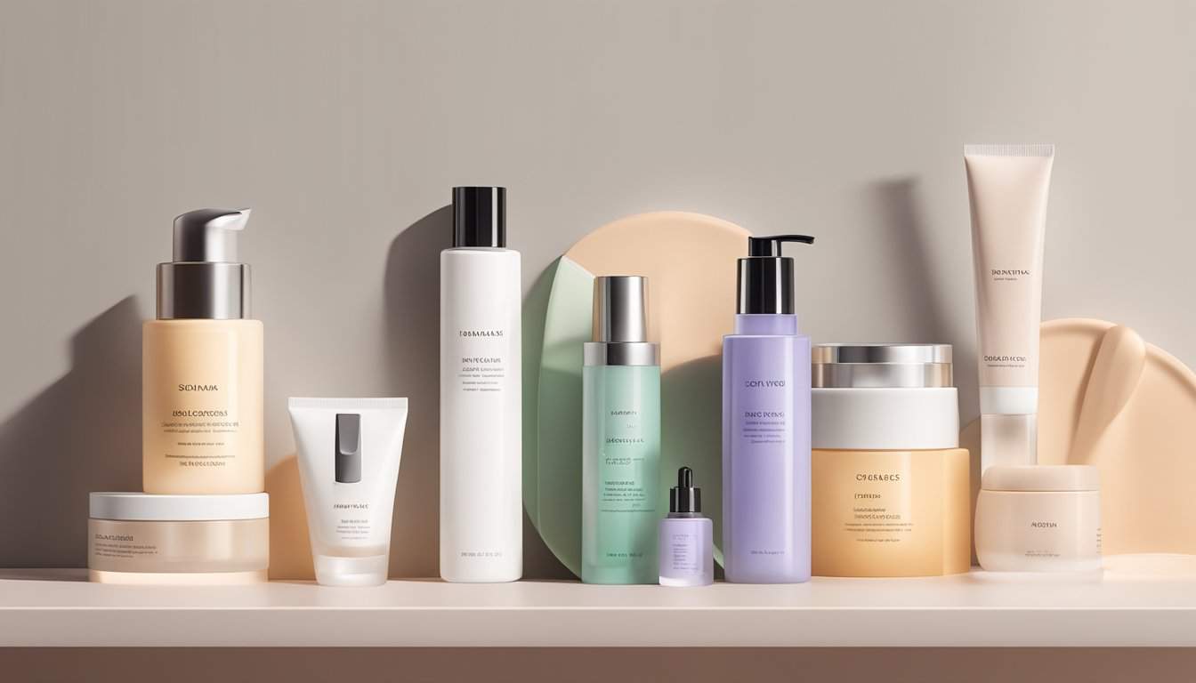 Una variedad de productos para el cuidado de la piel dispuestos en un estante limpio y minimalista con iluminación suave, mostrando las últimas tendencias en cuidado de la piel.