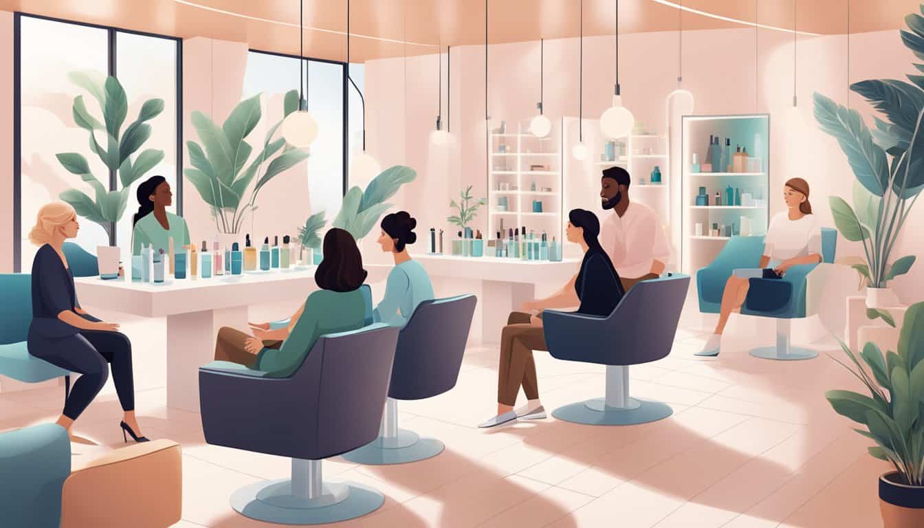 Un grupo de profesionales del cuidado de la piel discutiendo tendencias y consejos en un ambiente de salón moderno y bien iluminado.