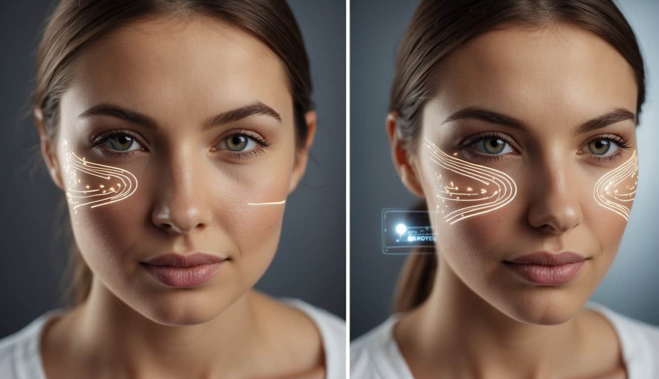 El rostro de una mujer siendo tratado con radiofrecuencia, mostrando los resultados del antes y el después.
