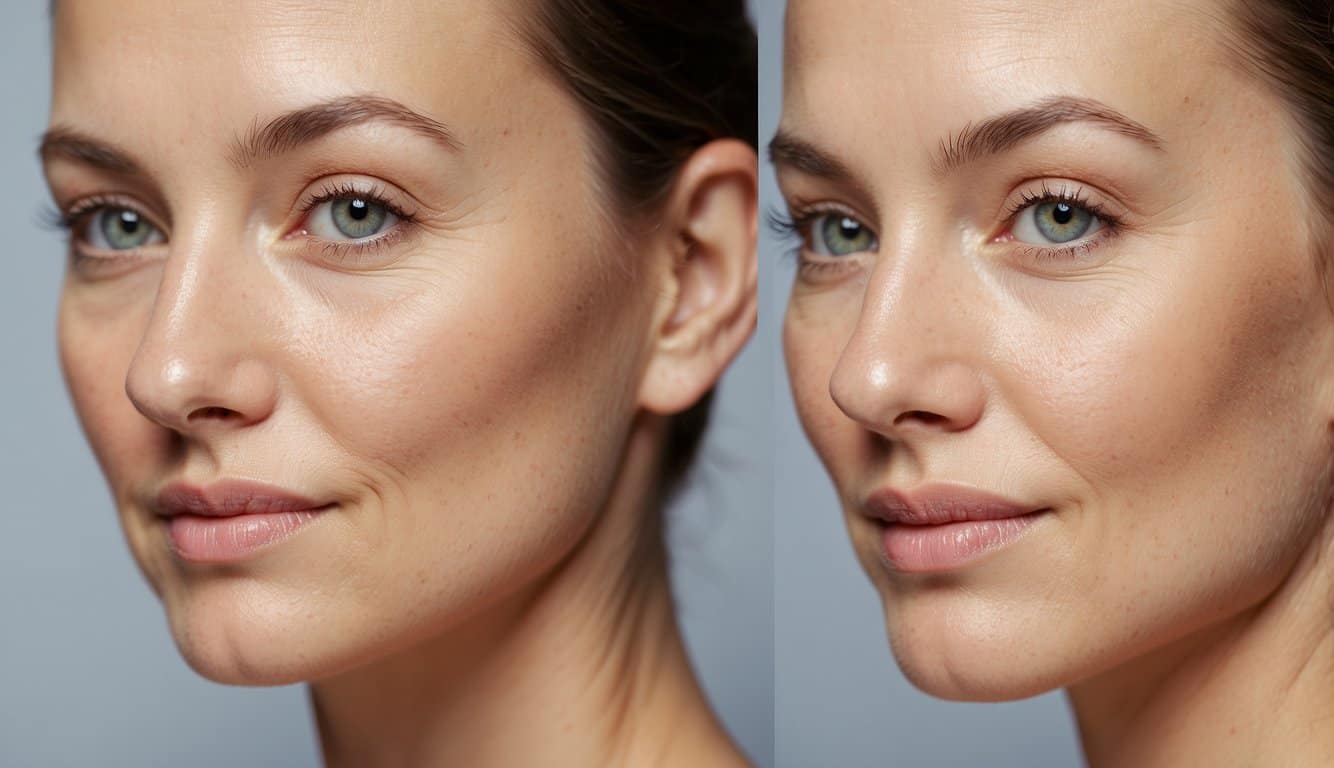 Una ilustración de antes y después del tratamiento de radiofrecuencia facial que muestra una mejor textura de la piel y una reducción de las arrugas.