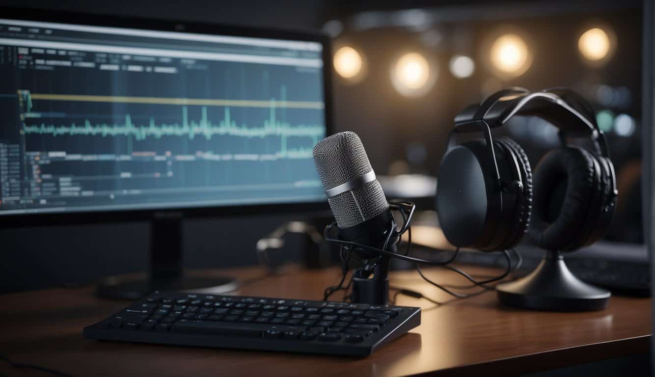 A computer screen displays a speech generation software interface. A microphone and headphones sit on a desk nearby. The room is quiet and well-lit