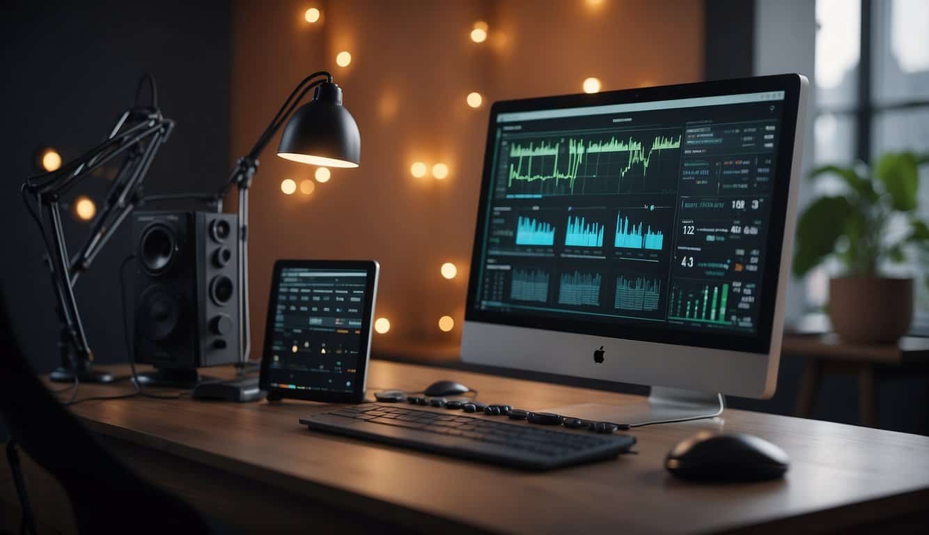 A computer screen displays a realistic voice generator interface with 12 simple tips for creating lifelike voiceovers using AI