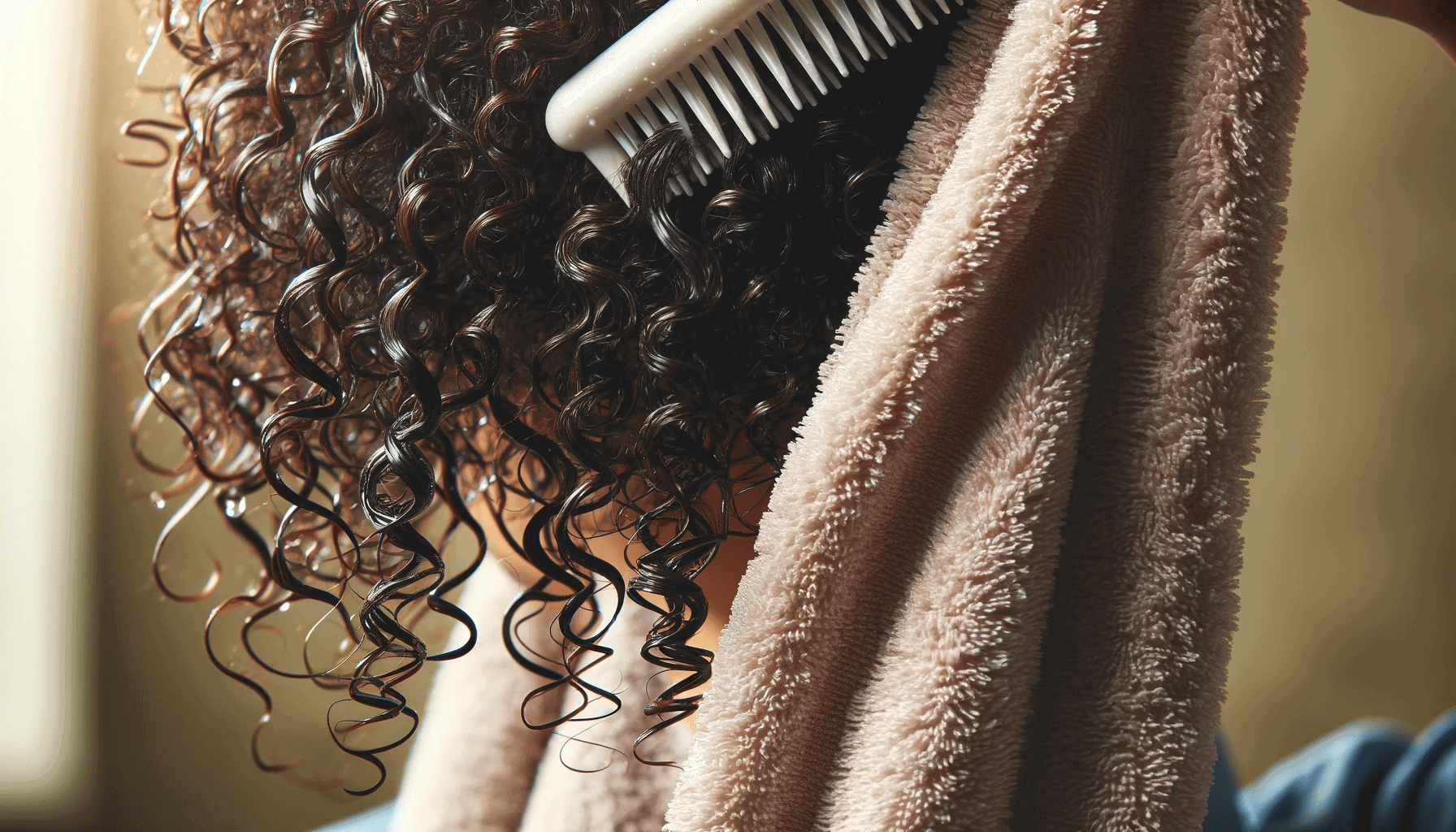 Cabello rizado con toalla y peine