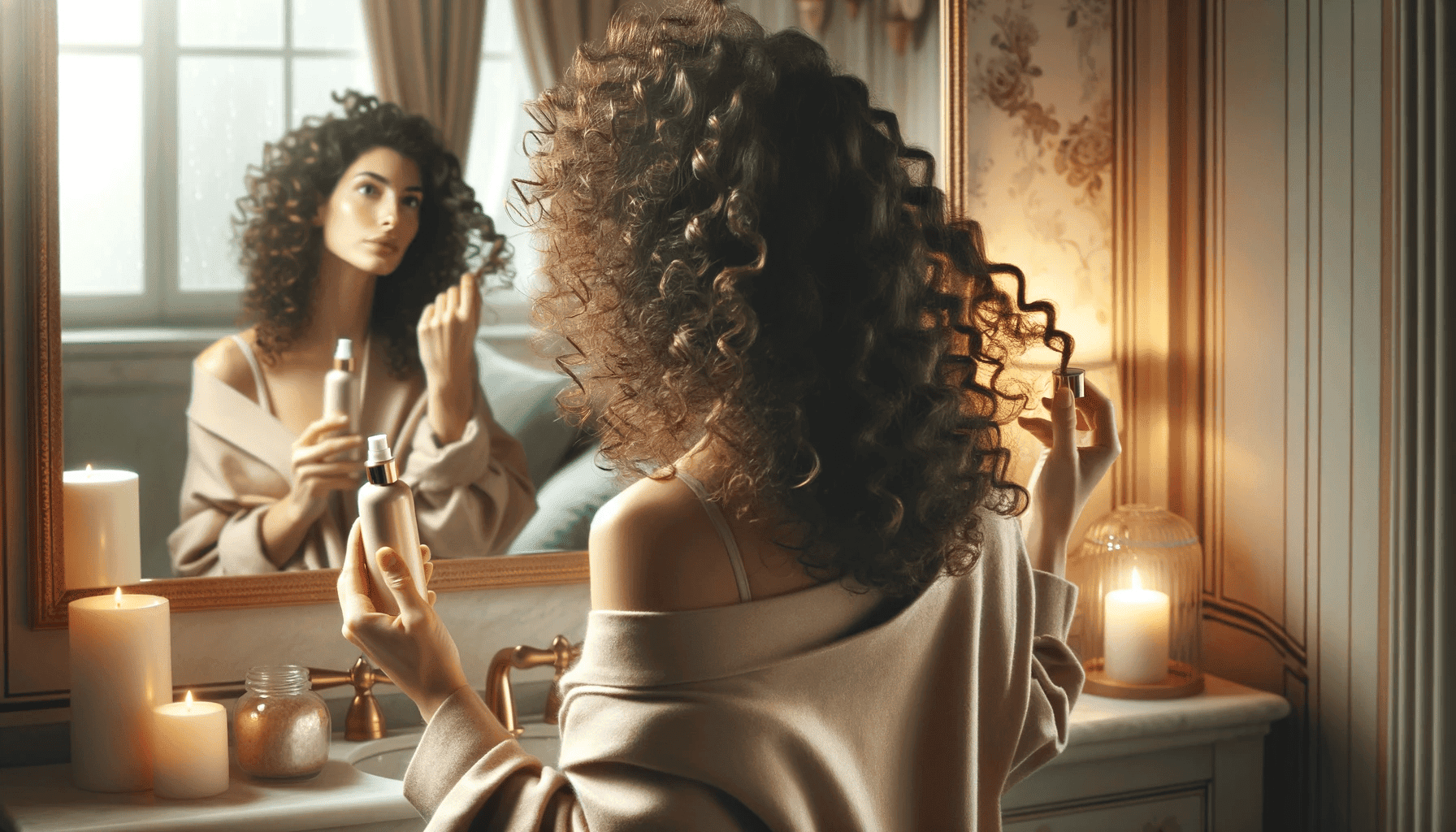 Persona con cabello rizado aplicando un producto para definir rizos frente al espejo en un baño acogedor y bien iluminado, reflejando el aspecto personal e íntimo del cuidado del cabello.