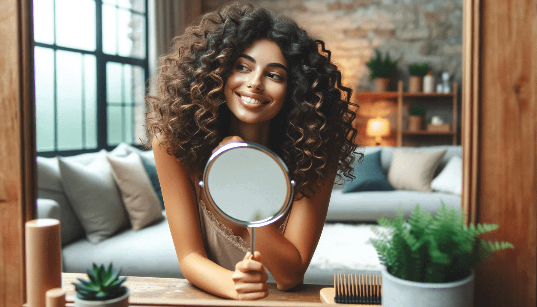 Persona con cabello rizado disfrutando de los resultados de su rutina de cuidado capilar, con rizos brillantes y elásticos, en un salón elegante, reflejando un estilo de vida relajado y feliz