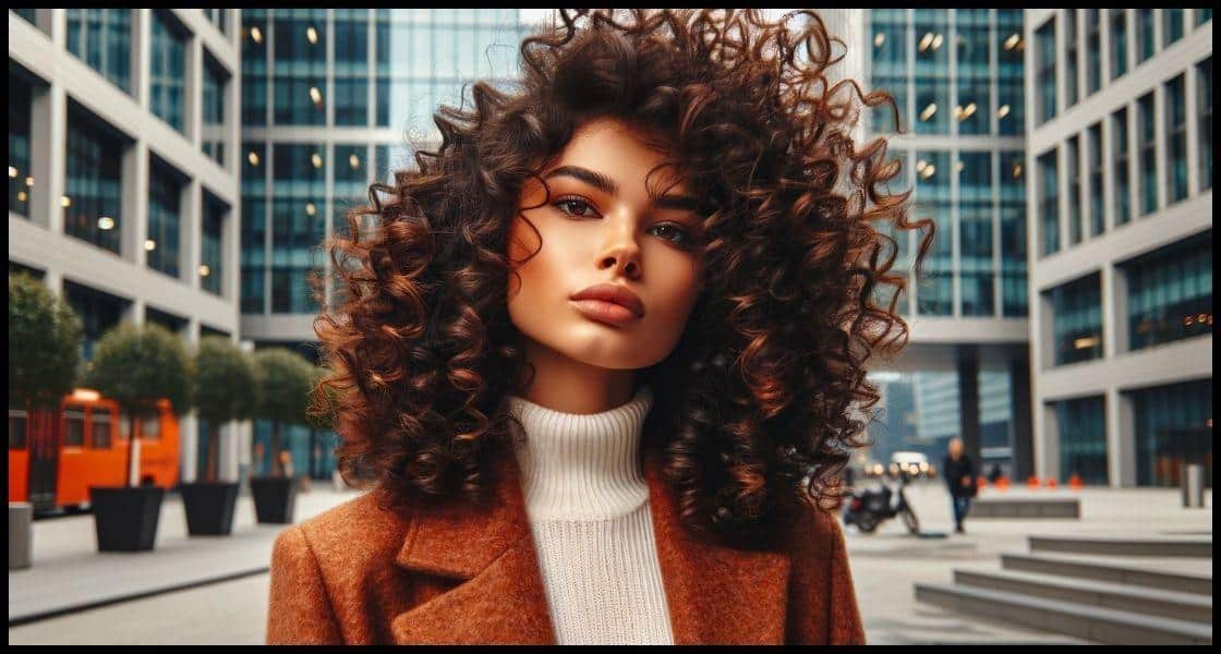 Una mujer con cabello rizado tipo 3C muestra rizos densos y compactos, en un entorno urbano moderno, proyectando una apariencia segura y audaz.