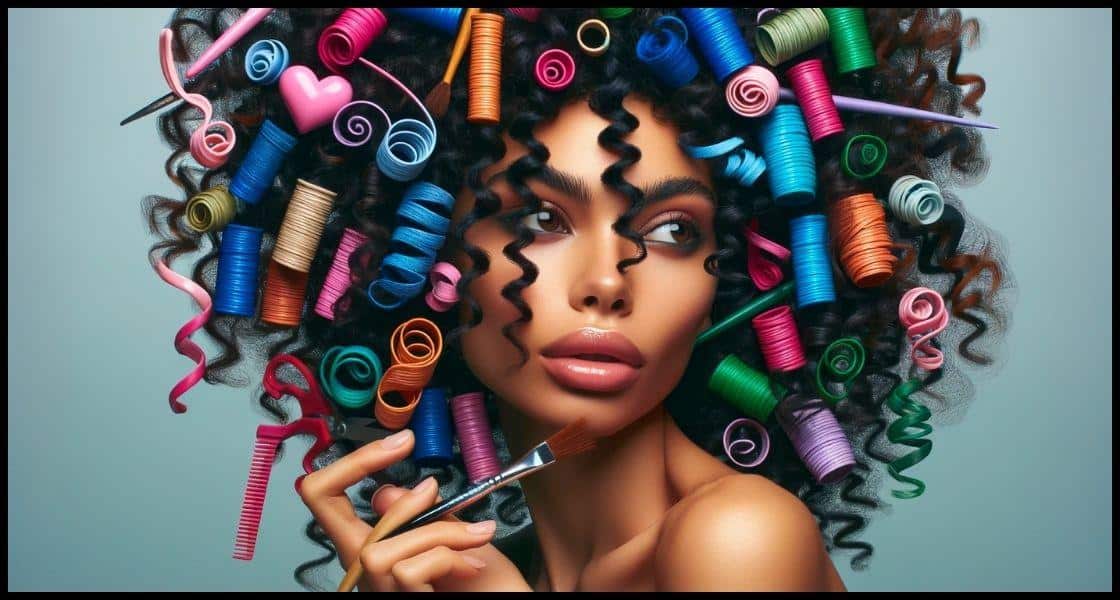 Una mujer con cabello rizado tipo 3D presenta rizos espirales altamente definidos y elásticos, en un entorno de estudio creativo, expresando un estilo artístico y energía vibrante