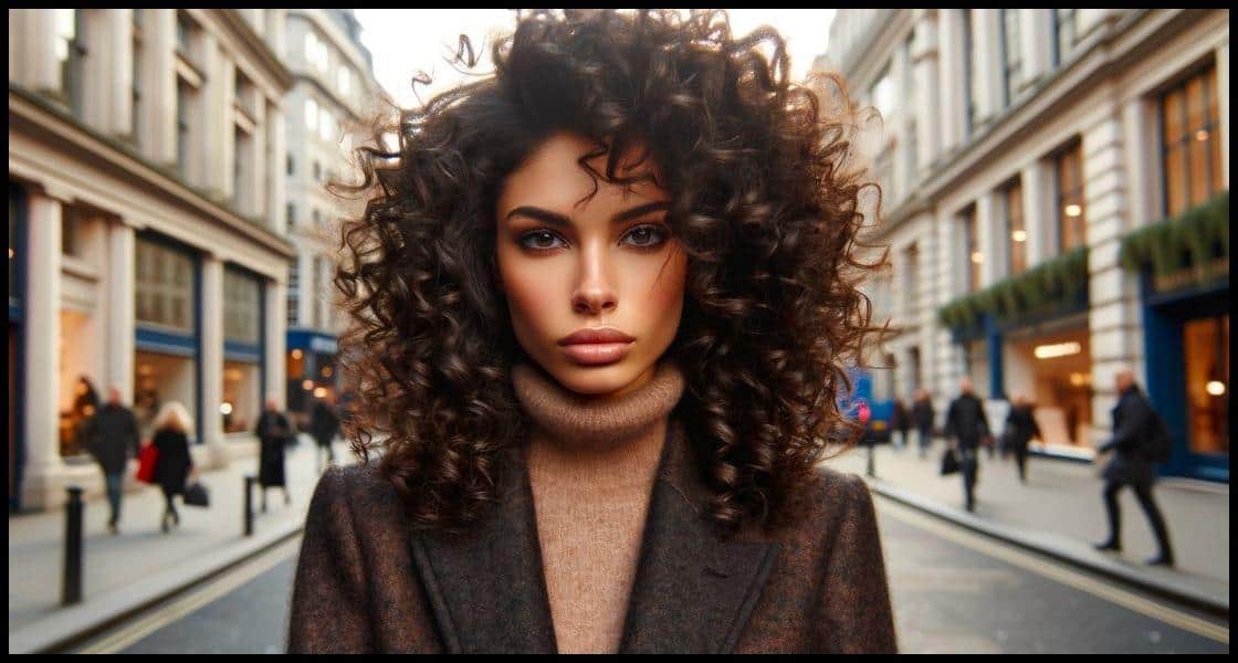Una mujer con cabello rizado tipo 4C muestra rizos Z muy densos y apretados, en un elegante entorno urbano, destacando fuerza y sofisticación.