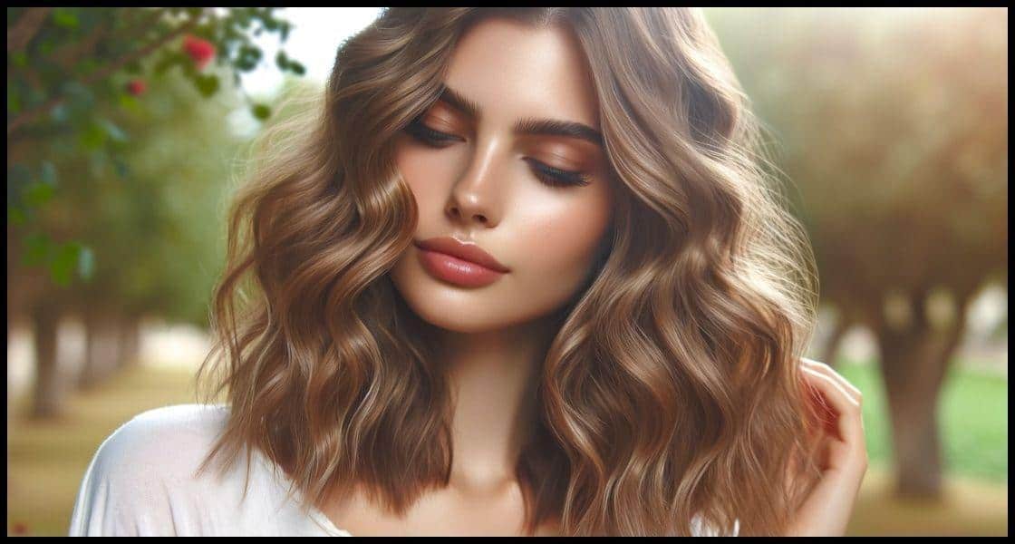 Una mujer muestra su cabello ondulado tipo 2A, con ondas suaves desde la mitad hasta las puntas, en un entorno natural con una brisa suave, creando una atmósfera luminosa y aireada