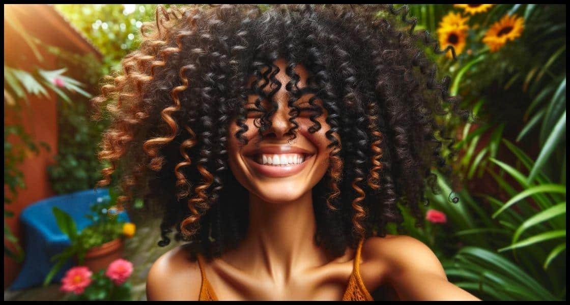 Una mujer muestra su cabello rizado tipo 4A con rizos en espiral apretados y frágiles en un patrón zigzag, en un entorno natural vibrante, transmitiendo un ambiente alegre y vivaz