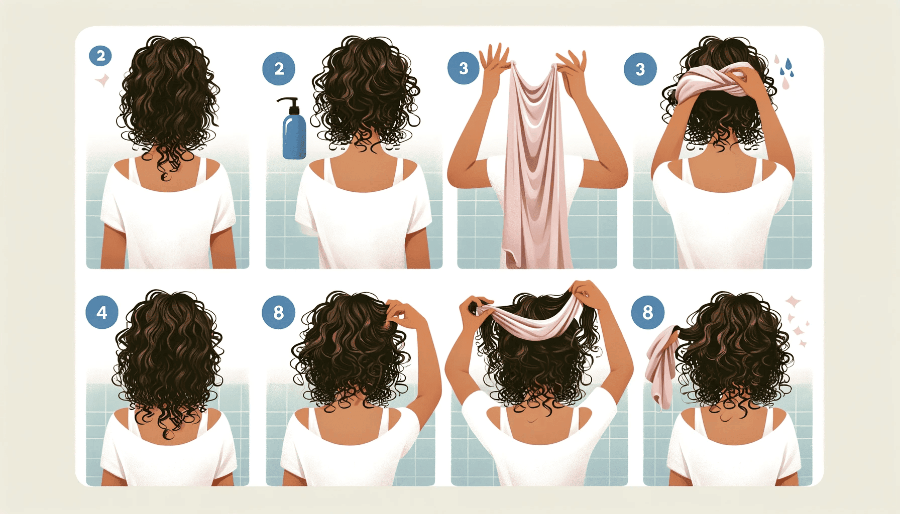 tutorial paso a paso de la técnica de plopping para el cabello rizado, mostrando cómo una persona utiliza una camiseta de algodón para envolver y fijar sus rizos, en un baño luminoso y limpio