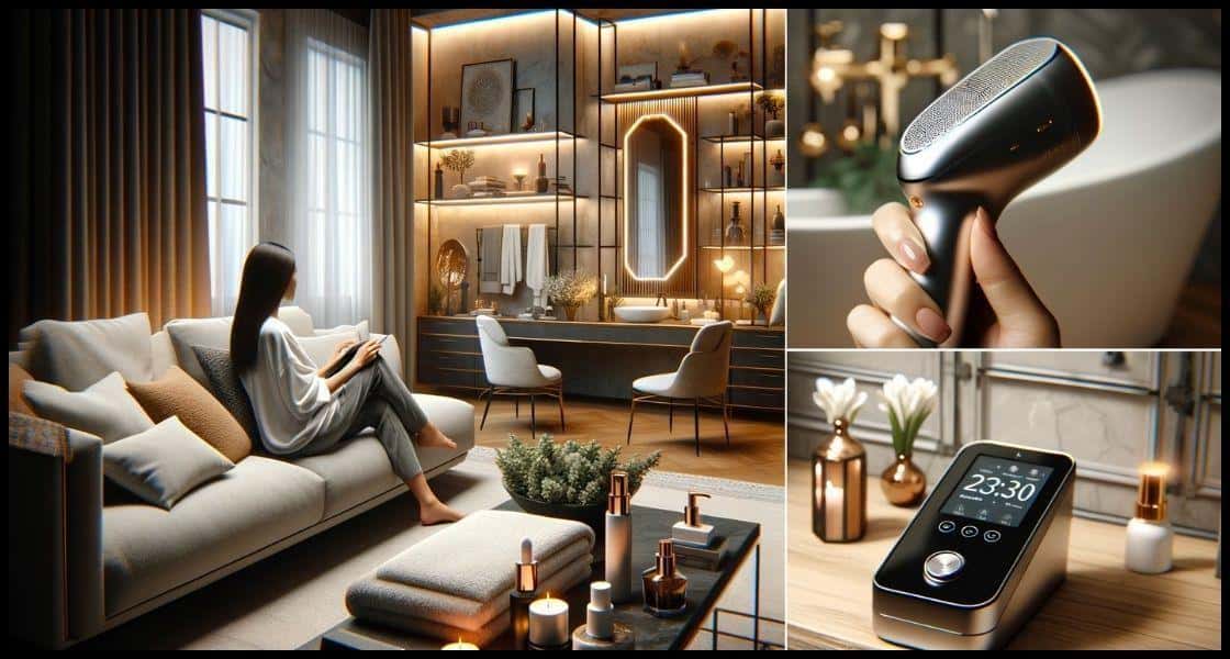 Mujer en casa de lujo utilizando un aparato de radiofrecuencia facial en casa