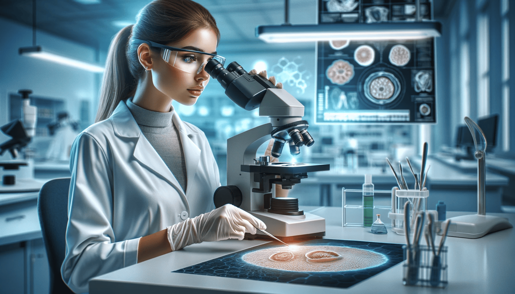 Una mujer científica con bata de laboratorio y gafas protectoras se concentra en examinar una muestra de piel bajo un microscopio en un laboratorio moderno y tecnológicamente avanzado. 