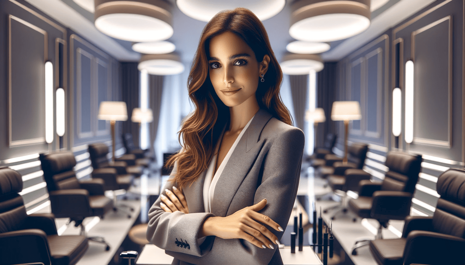 Una mujer experta en cuidado de la piel está en un ambiente moderno y elegante, posiblemente una sala de conferencias o un estudio de televisión. Ella mira a la cámara con una expresión amigable y profesional, destacando su preparación para responder preguntas. Viste de forma elegante y su apariencia es impecable y sofisticada. El fondo refleja un ambiente de alta tecnología y modernidad, con decoración minimalista y contemporánea