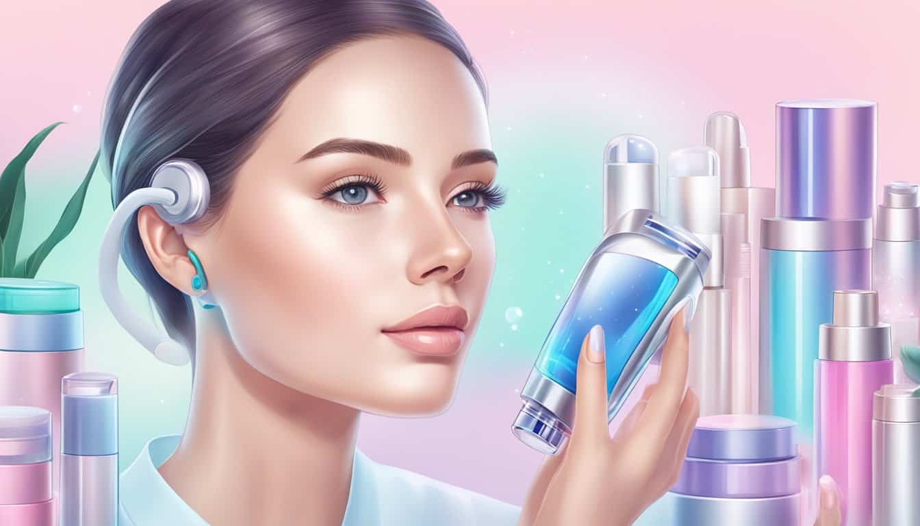 Ilustración de una mujer joven con auriculares inalámbricos sosteniendo un producto cosmético con un fondo de varios envases de productos de belleza en tonos pasteles, destacando una estética limpia y tecnológica en cuidado personal.