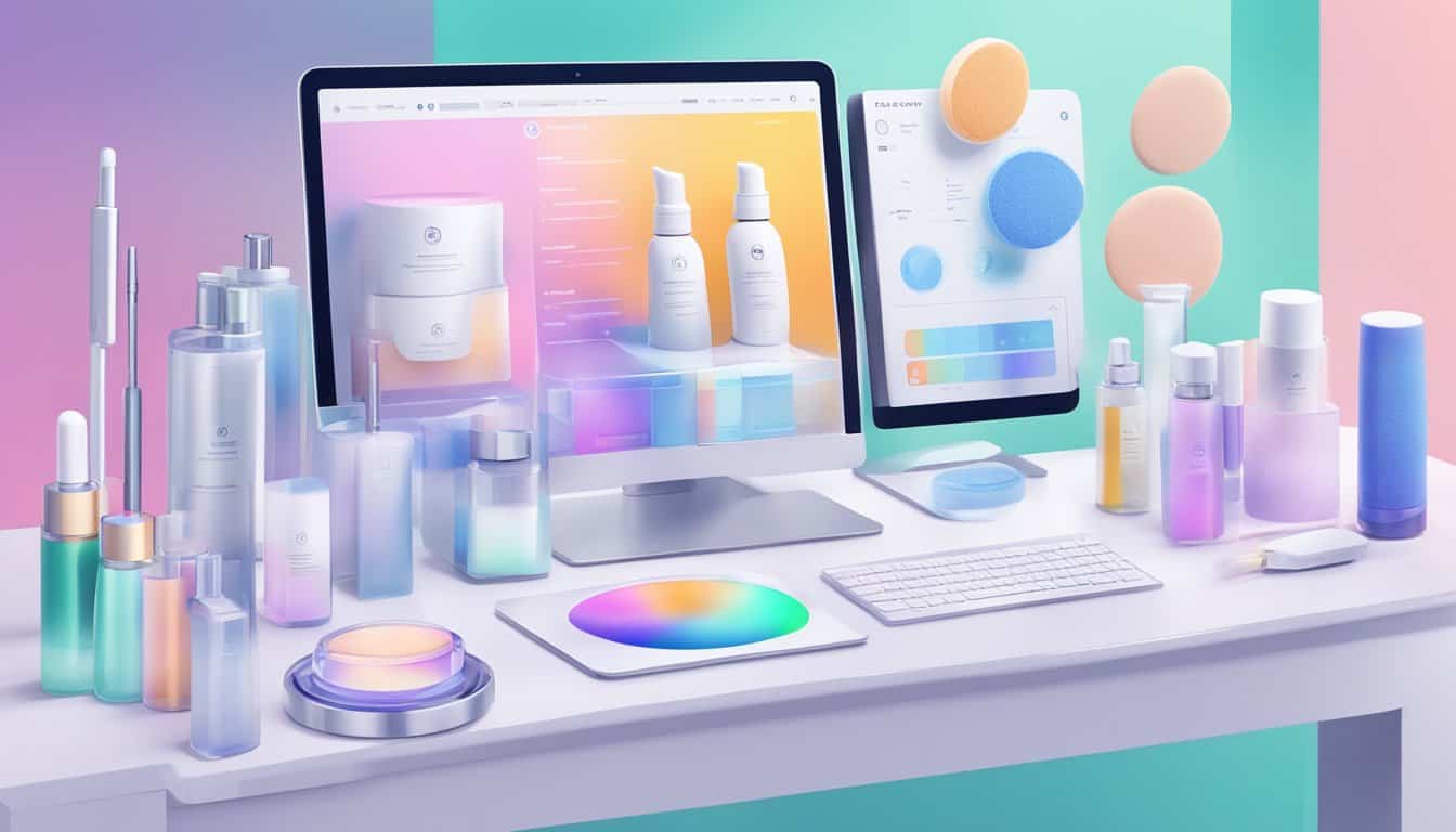 Escritorio de diseño gráfico con productos de belleza y cuidado de la piel, junto a una computadora mostrando una interfaz de usuario de una aplicación de cosméticos, en un ambiente con tonos pastel y elementos gráficos de diseño web.