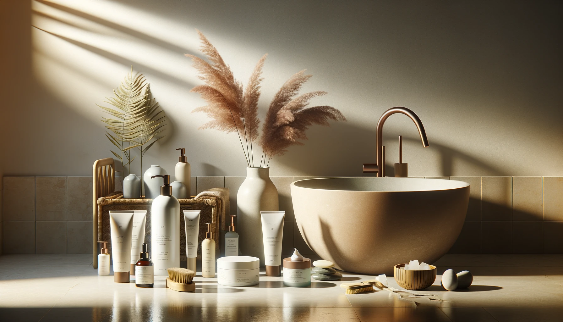 Un estante de baño sereno y minimalista con varios productos para el cuidado de la piel ordenados cuidadosamente y bañados en una luz suave y natural.