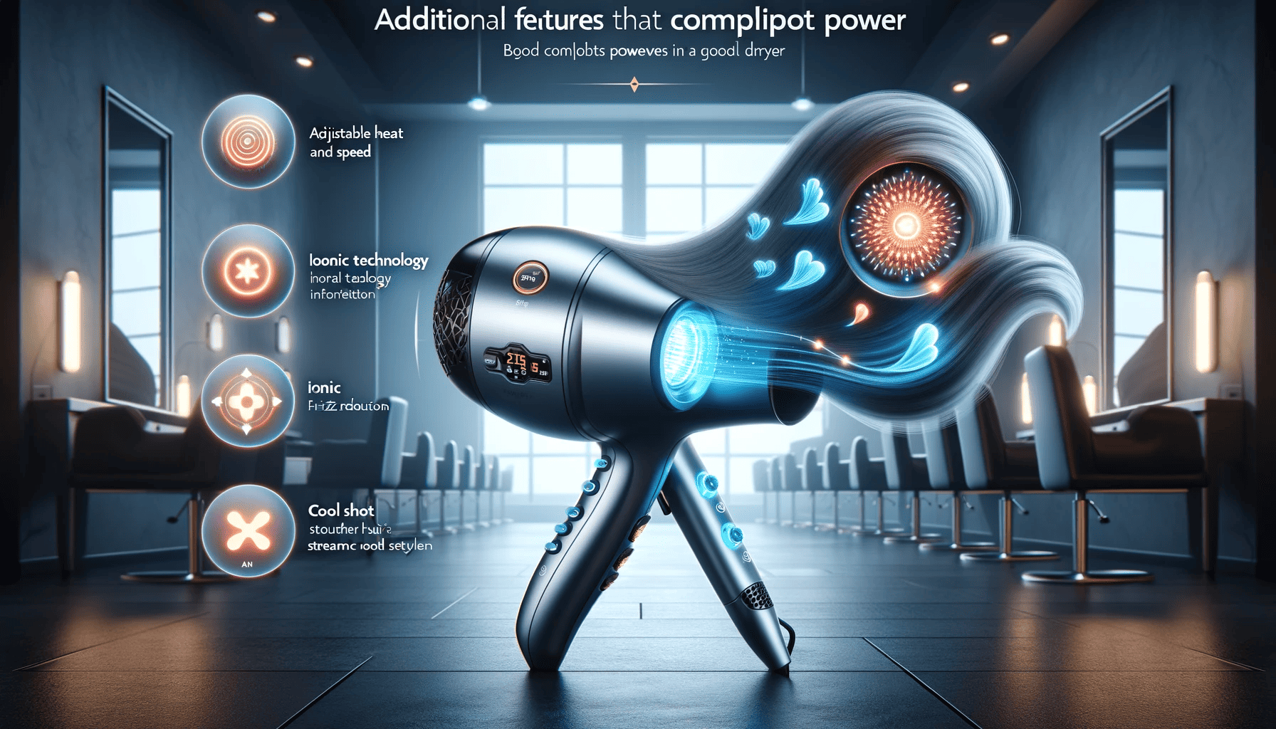 Imagen en formato 16:9 que muestra un secador de pelo de última generación con varias características destacadas. A la izquierda, el secador presenta configuraciones de calor y velocidad ajustables, simbolizadas por botones de control intuitivos y una pantalla digital. En el centro, el secador demuestra la tecnología iónica para la reducción del frizz, representada por un efecto de cabello liso y brillante. A la derecha, el secador incluye un botón de aire frío para fijar el peinado, mostrado mediante una visual de aire frío. El fondo es un entorno de salón moderno y elegante. La imagen transmite la idea de que un buen secador de pelo no solo se trata de potencia, sino que también incluye características inteligentes para la salud y el estilo del cabello.