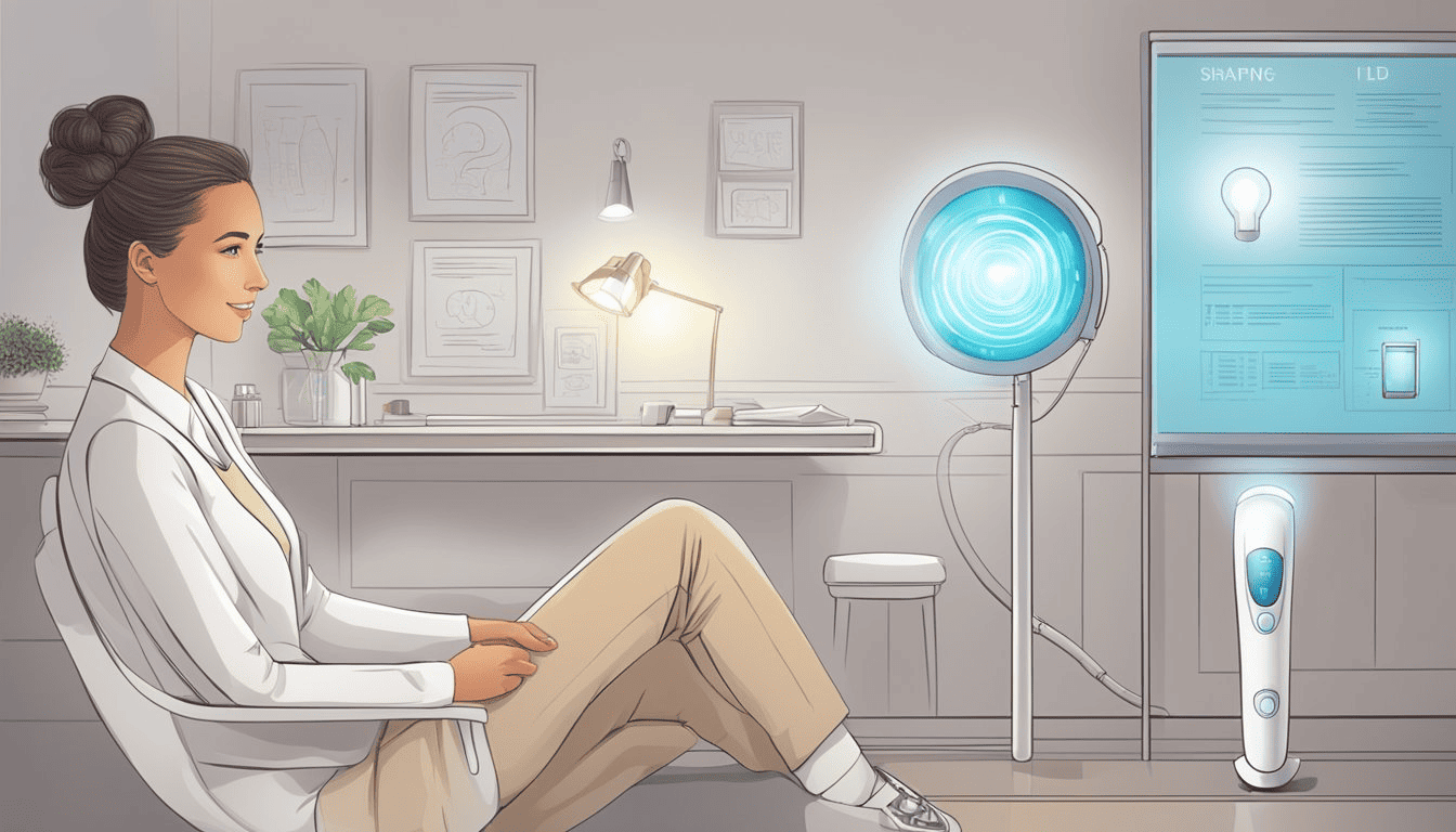 Mujer dermatóloga en una consulta, rodeada de dispositivos de luz led.