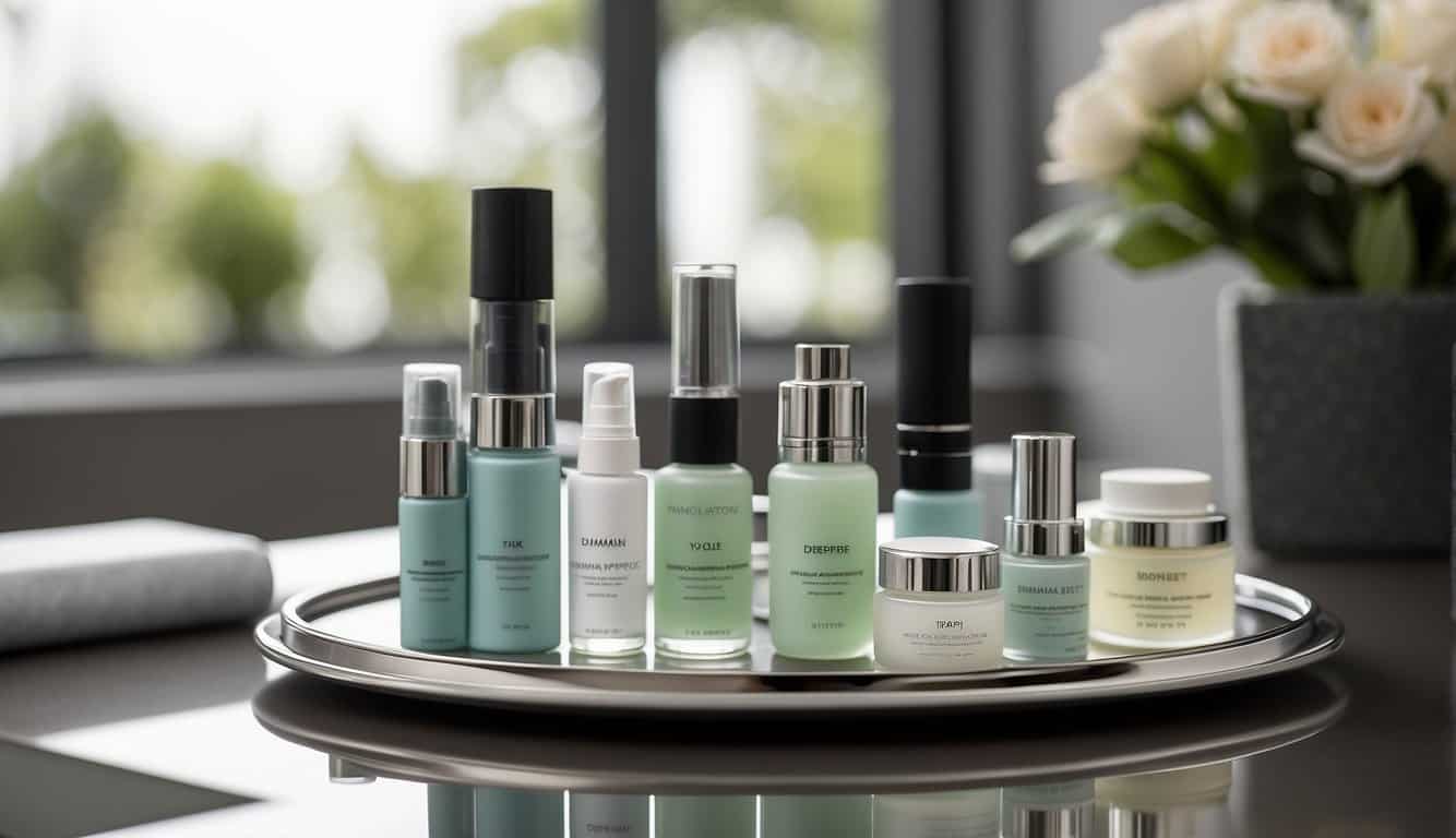 A table set with dermapen tools and skincare products, alongside a client's before-and-after photos