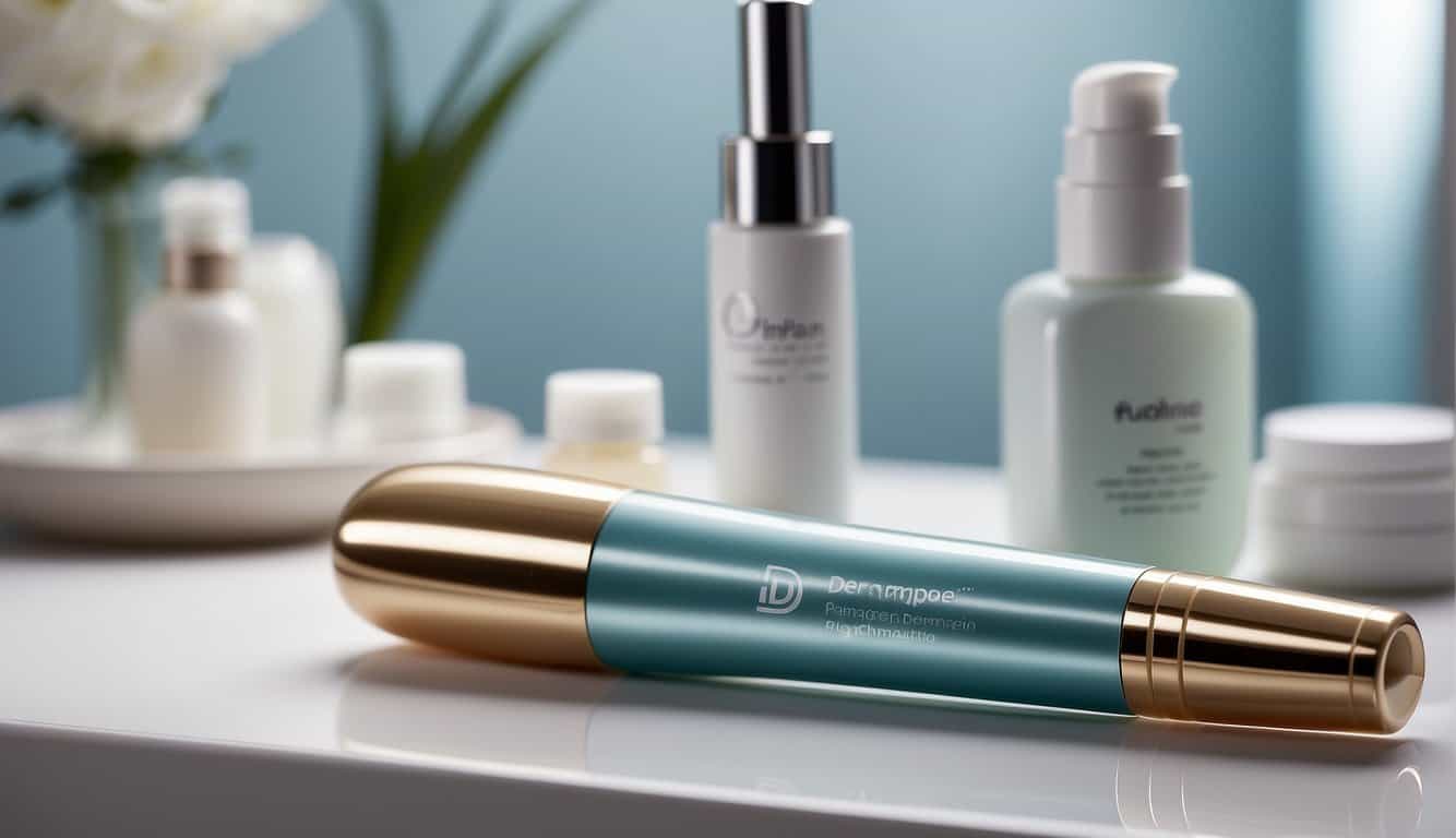 A dermapen lies on a clean surface, surrounded by post-care products. Before-and-after images show improved skin texture and reduced scarring