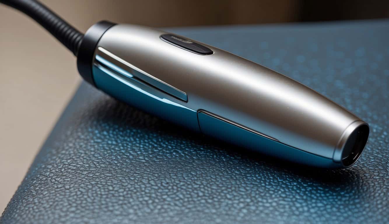 A Dermapen hovers over a textured surface, creating micro-injuries. Before, the surface appears uneven and blemished. After, it looks smooth and rejuvenated