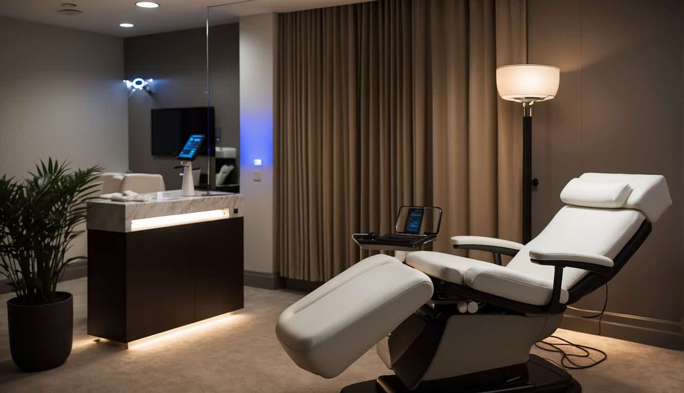 Una sala serena y con poca luz, con un cómodo sillón de tratamiento, un ambiente relajante y un dispositivo facial de radiofrecuencia profesional listo para usar.
