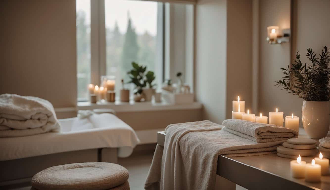 Una tranquila sala de spa con una muestra del antes y el después del tratamiento de radiofrecuencia facial. Las mesas con productos para el cuidado de la piel y una iluminación tenue crean una atmósfera relajante.