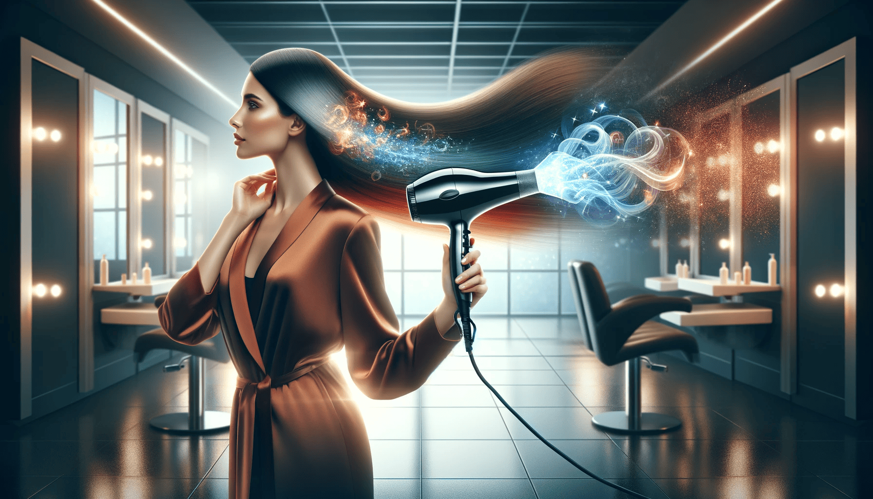 Imagen en formato 16:9 de una mujer en un salón moderno, usando un secador de pelo iónico elegante. El secador emite un flujo visible de iones (representado por un efecto sutil y brillante), que interactúa con su cabello para reducir el frizz y mejorar el brillo. El cabello de la mujer aparece suave y saludable, destacando los beneficios de la tecnología iónica. La escena está brillantemente iluminada, enfatizando la tecnología moderna del secador de pelo. Esta imagen transmite la armonía de la tecnología iónica y el rendimiento potente en el cuidado del cabello, resaltando cómo trabajan juntos para lograr una salud y estilo del cabello superiores.