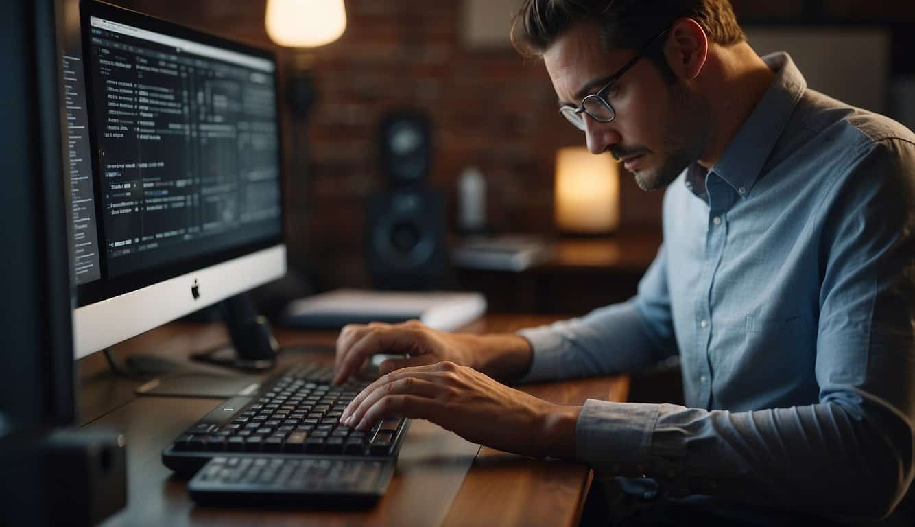 A person typing on a computer, adjusting settings and testing different voices on a voice generator software, surrounded by notes and guidelines